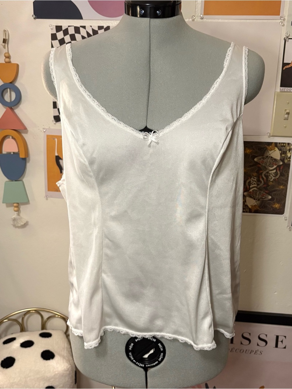 Vintage Vassarette White Satin Lace-Trim Camisole